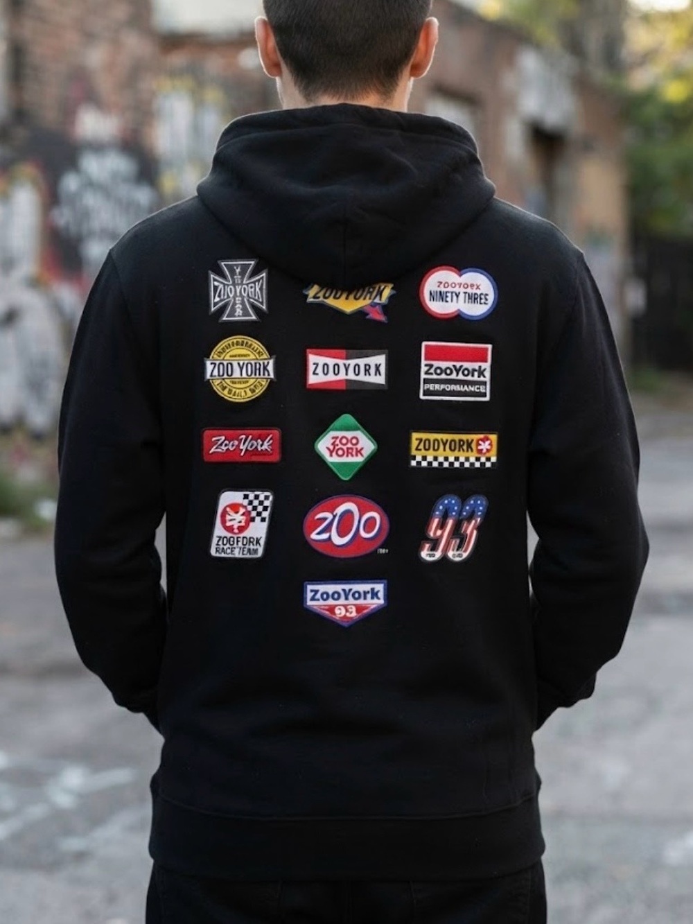 Zoo York Black Pullover Hoodie Graphic Back Patches Edgy Blokecore Streetwear L